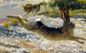 動物 Painting - オオカミ狩りのウサギ